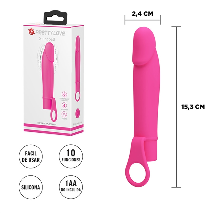 Vibrador Xiuhcoati con 10 velocidades y anillo para sujetar.